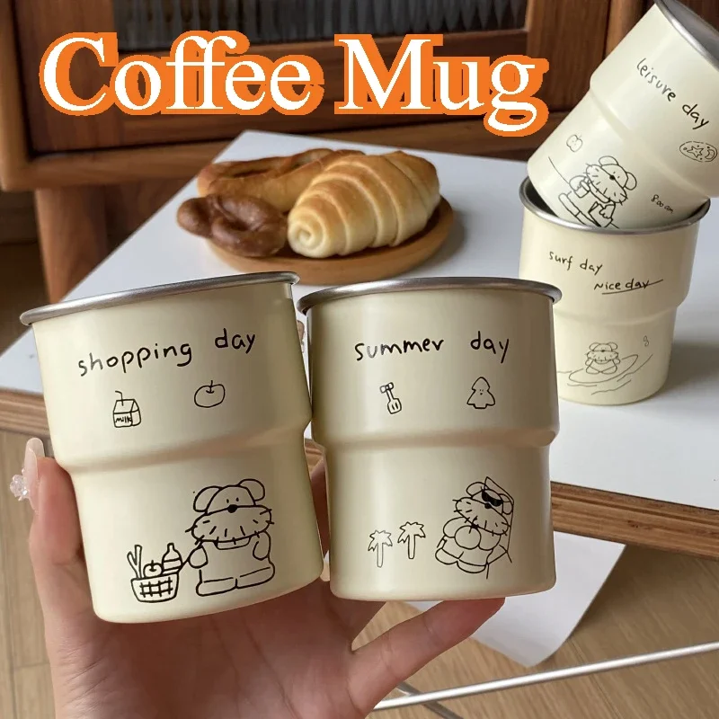 Travel Coffee Cup Stainless Steel Water Cup Hiking Camping Picnic BBQ Beer Drinkware Cat Pattern Milk Latte Mug for Home Office