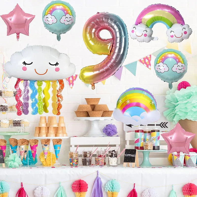 10 Pcs Rainbow Cloud Balloons Set 32inch Digit 1-9 Years Old Kids Birthday Party Decorations Baby Shower Wedding Foil Balloons