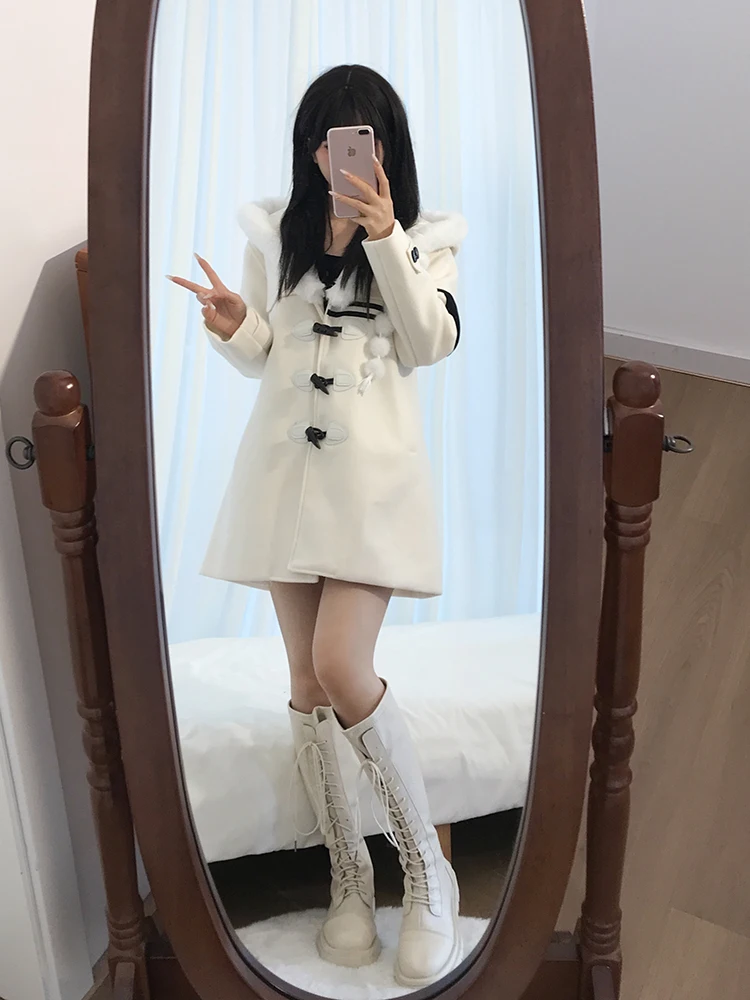

Korean College Sle Women's Coat with Hat Long Sve Woolen Coat Autumn Winter New Design Sense Middle Length Coat Polyeste...