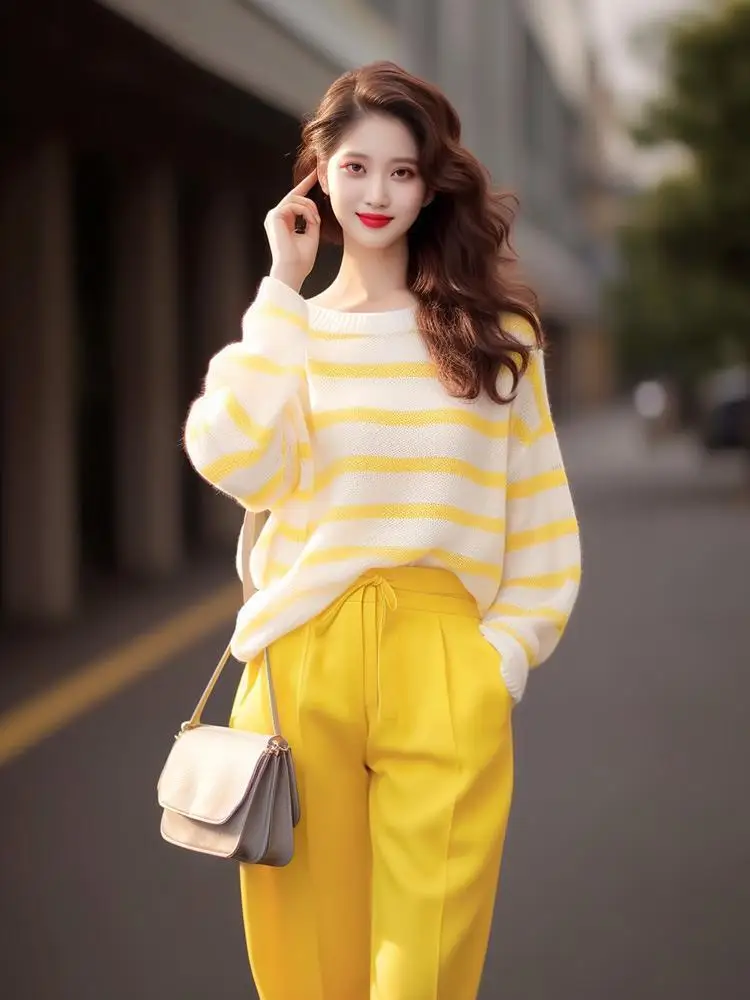 

Модный темпераментный женский свитер в желтую полоску в ленивом стиле, осень 2021, новый простой свободный универсальный пуловер