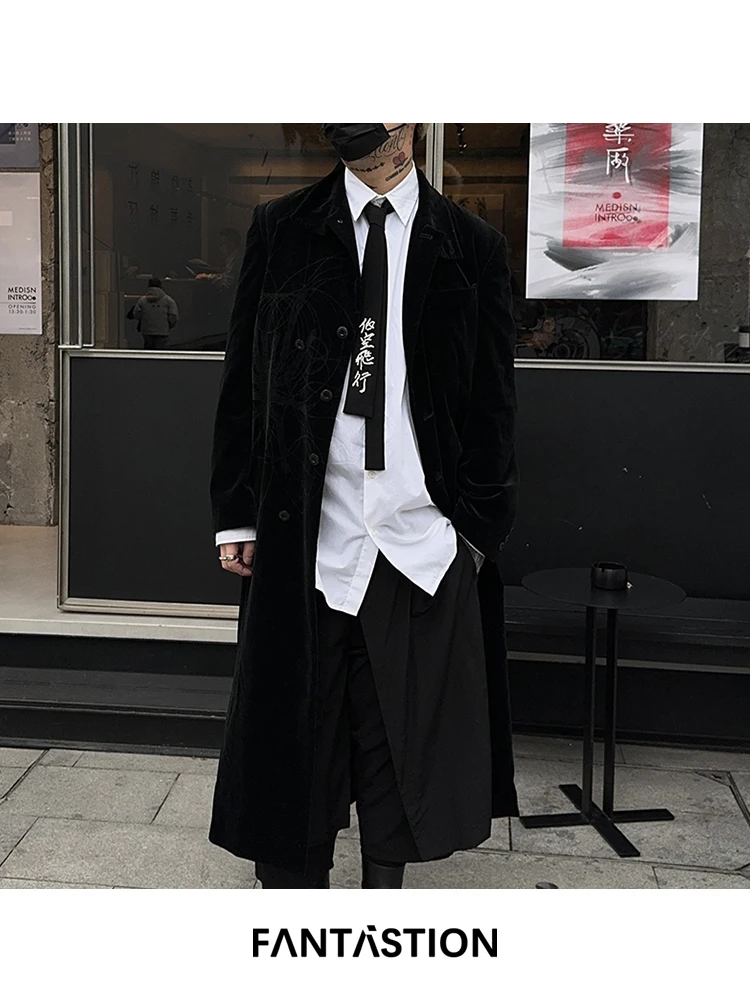 FANTASTION Original design Dark Series Cobweb and Snake Print jacket Velvet Coat Overcoat Trench coat jackets Unisex tops