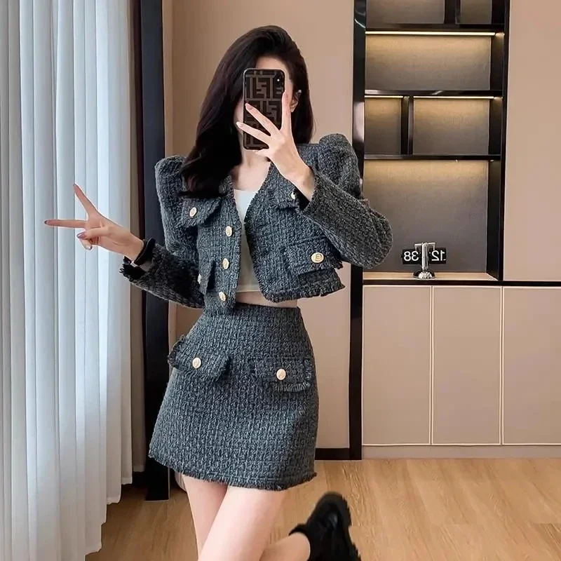 

2 Pieces Autumer Elegant Temperament Tassel Short Coat High Waist Half Skirt Two Piece Set Korean Fashion Outfit JJ48