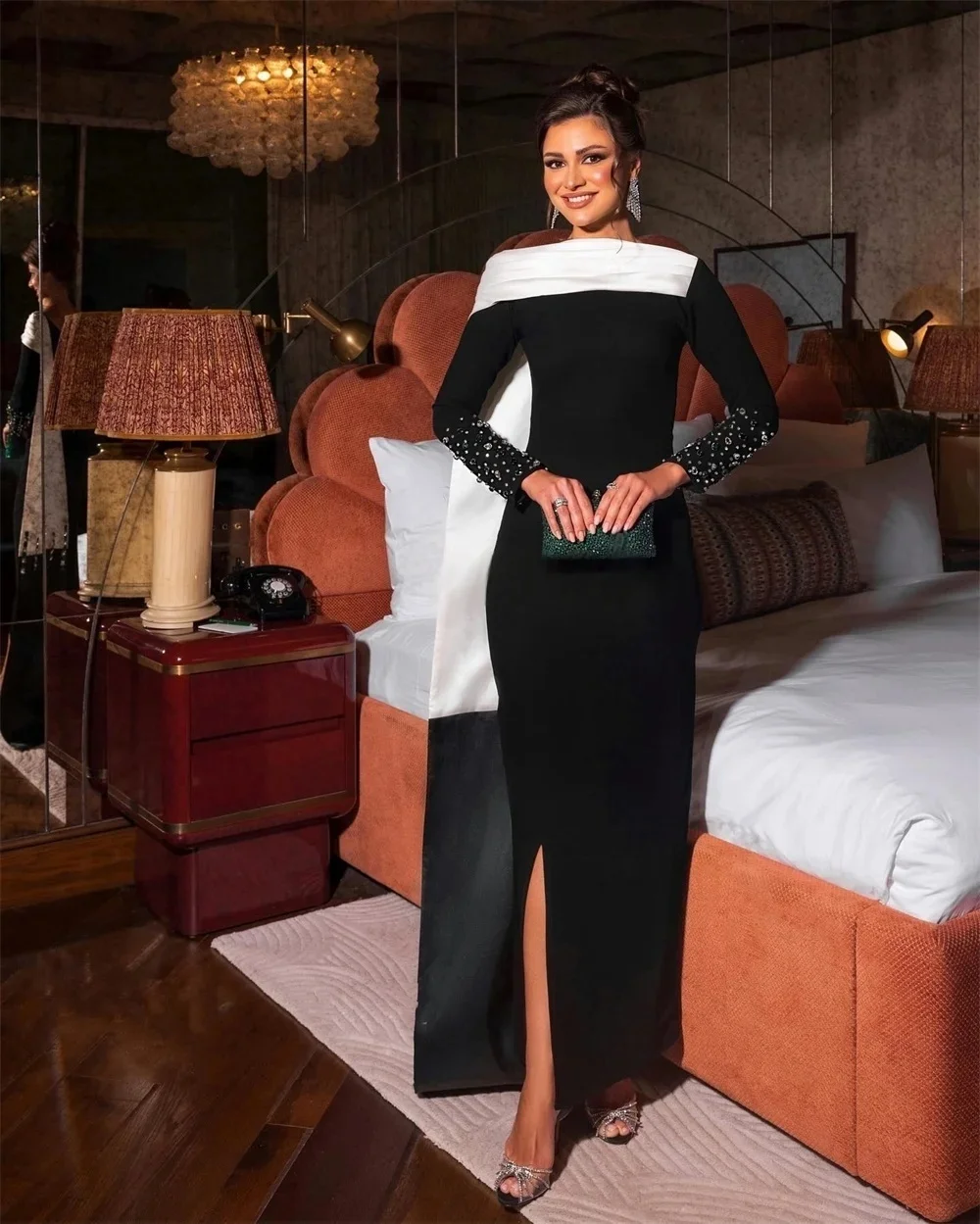 

Black Beaded Long Sleeves Bespoke Occasion Gown Evening Dresses Pastrol Unisex Jersey Retro Dubai Saudi Arabic Prom Customized