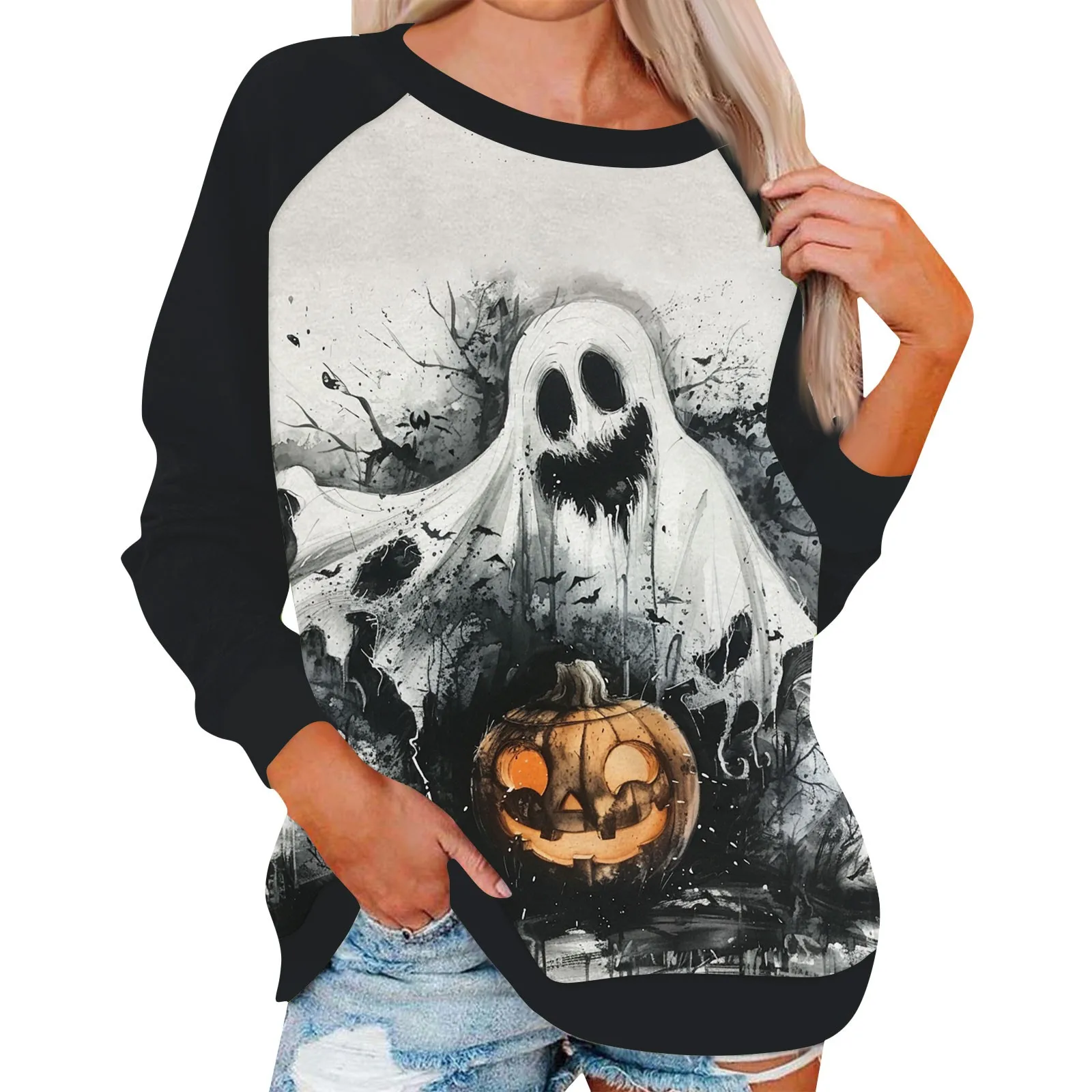 Women'S Halloween Theme Print Tops Regular Comfortable Loose Round Neck Long Sleeve Raglan Sleeve Pullovers Tops