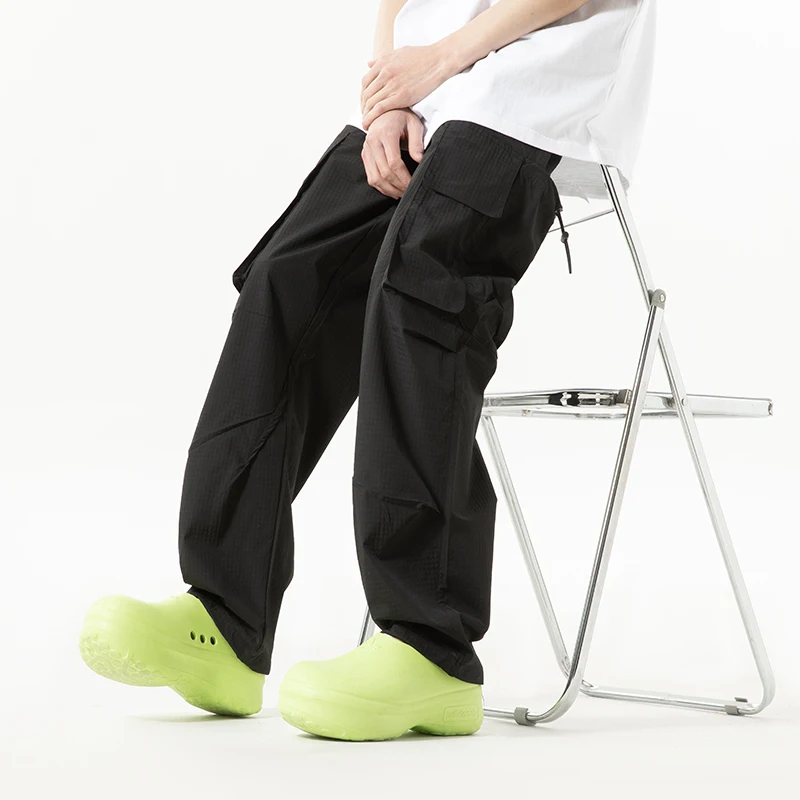 Y2K Trousers Cargo Pants Straight Wide Leg Drawstring Oversize Pockets Kpop High Waisted Breathable Solid Color Sweatpants