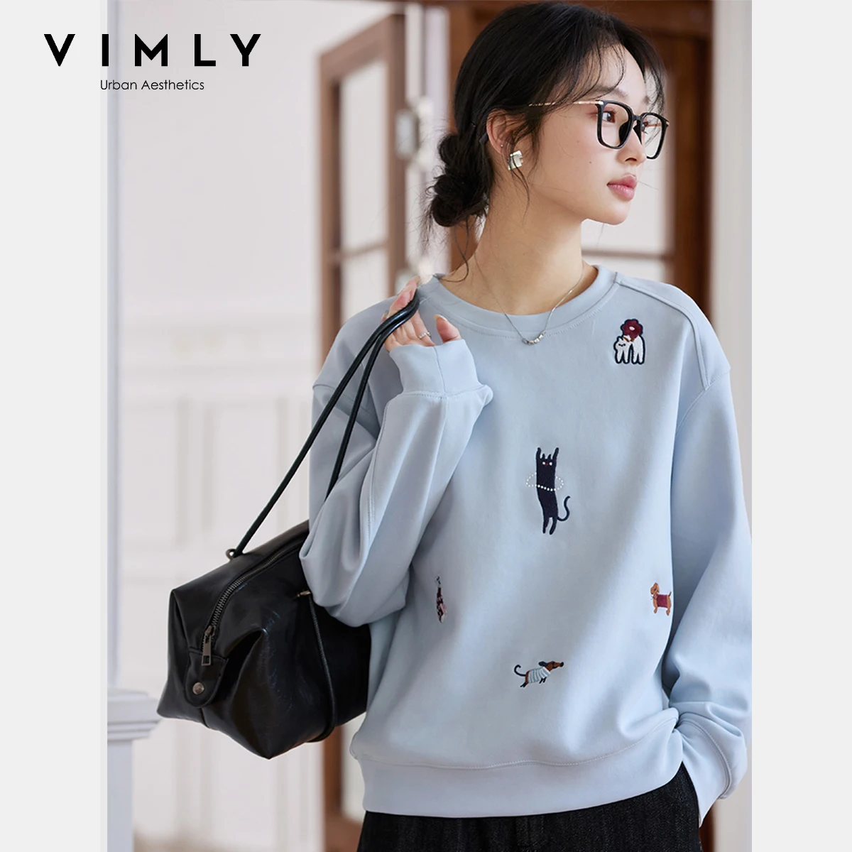 VIMLY Funny Graphic Sweatshirt 2026 Woman Blue Cat and Dog Embroidery Spring Autumn Casual Crew Neck Tops Female Clothes  A0779