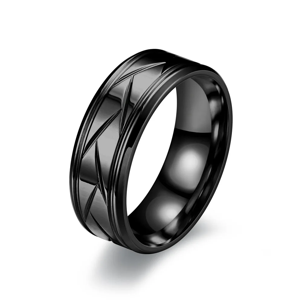 Fashion Men’s Silver Color Black Stainless Steel Ring Groove Multi-Faceted Ring for Men Women Engagement Ring Anniversary Gifts