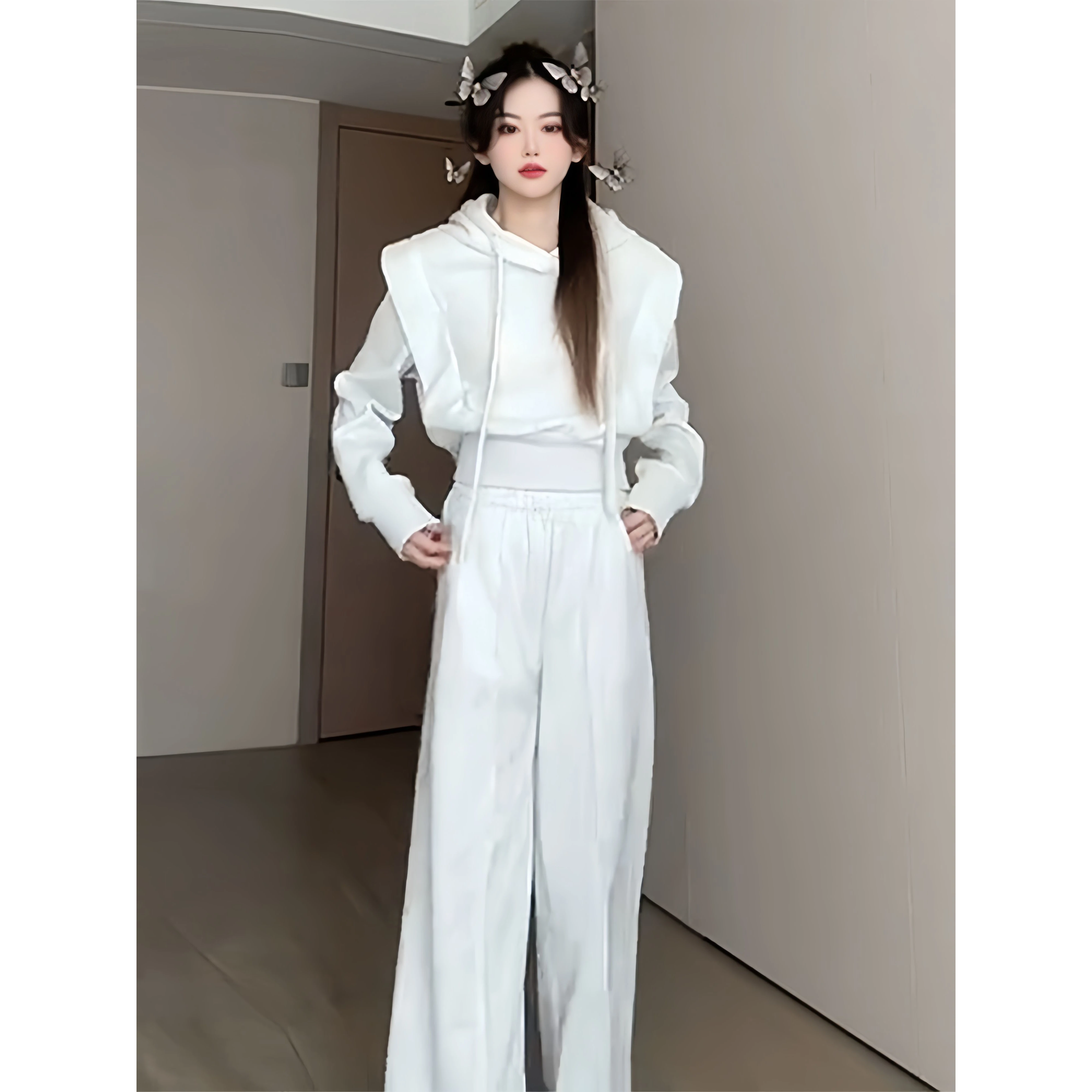 Women's Hooded Sweatshirt Wide Leg Pants Set Drawstring Floor-Length Fashionable Spring Autumn Two-Piece Suite Casual City Walk