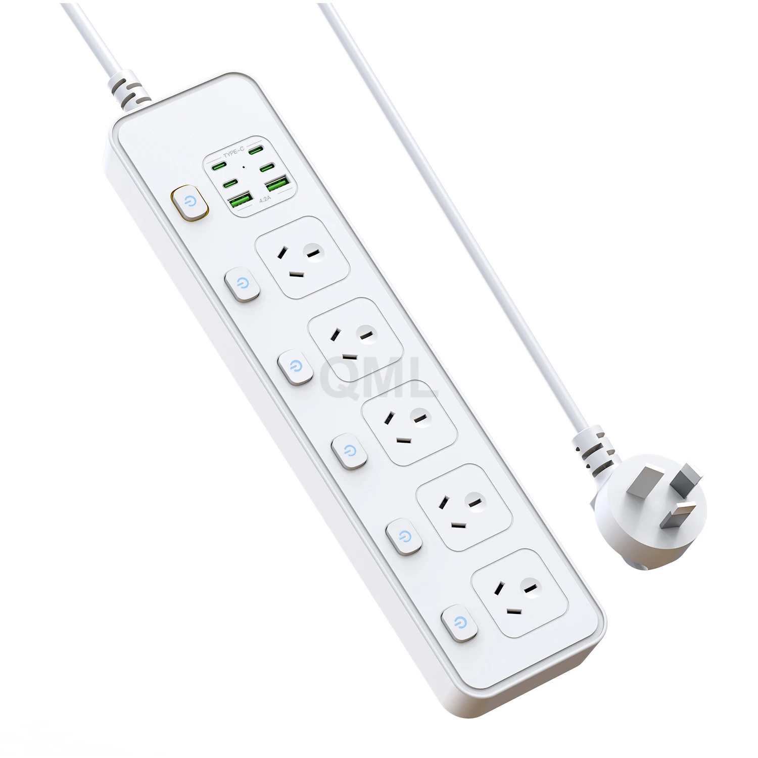 

AU Plug 3250W 250V 5Way Australian Power Strip With 2 USB Ports 4 Type C Port Power Socket Network Filter 2M Wire Black White