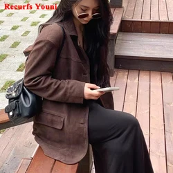 Retro Vintage Maillard Caramel Suede Jacket for Women Loose Fitting 2023 New High-end Genuine Leather Suit Medium Length Coat