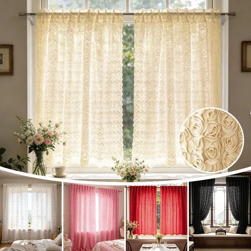 Multi-Color Rose Lace Curtain Vintage Floral Sheer Curtain Rod Pocket Light Filtering Curtain for Living Room Bedroom Home Decor