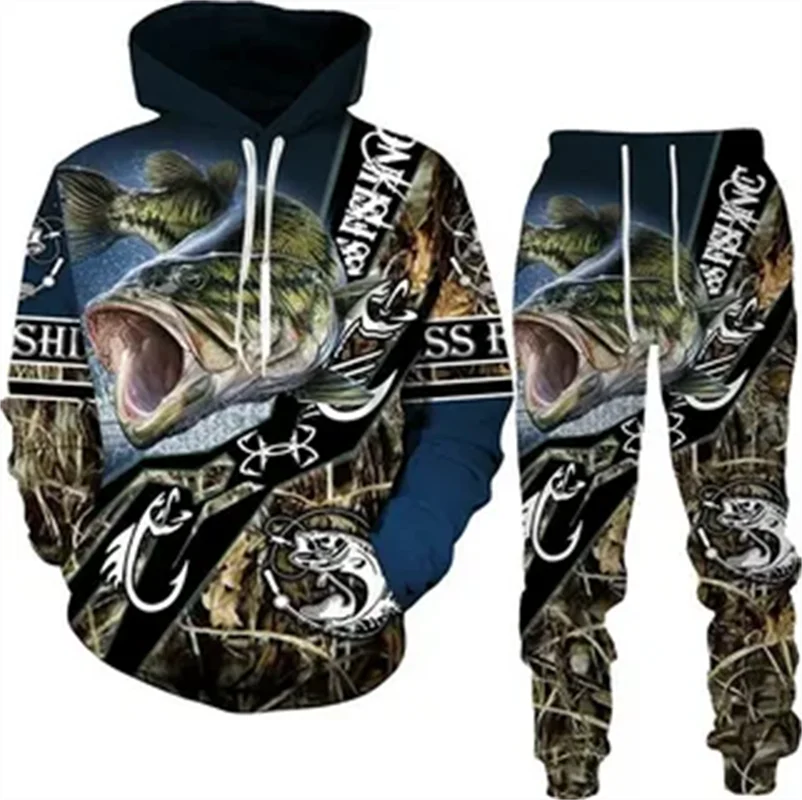 Set Hoodie ikan hewan antik pria, baju berolahraga pakaian jalanan nyaman ukuran besar cetak 3D kasual