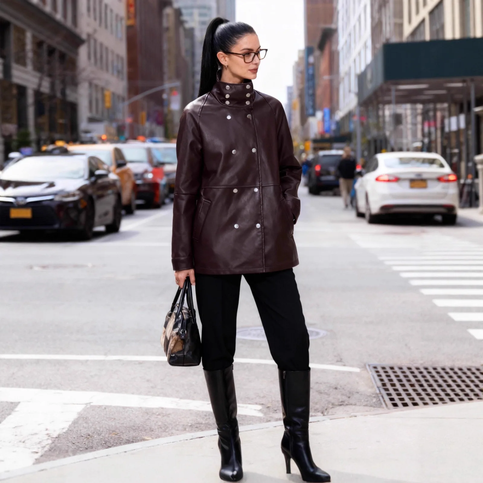 

Женская шикарная повседневная куртка, осенняя модная двубортная облегающая кожаная куртка с воротником-стойкой, однотонная верхняя одежда с длинными рукавами