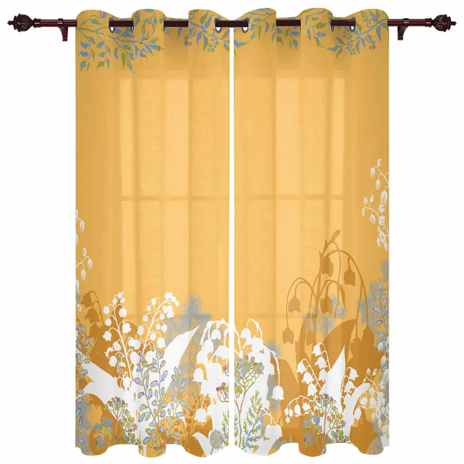 Abstract Lily Of The Rings Leaf Flower Plant Yellow Indoor Curtains Living Room Luxury Drapes Large Curtains Window Treatments