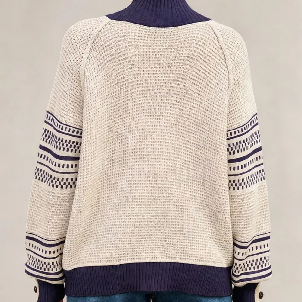 Fashion Womens Sweater Autumn Winter High Neck Knitted Pullover Contrast Pattern Long Sleeve Casual Chic Streetwear Top