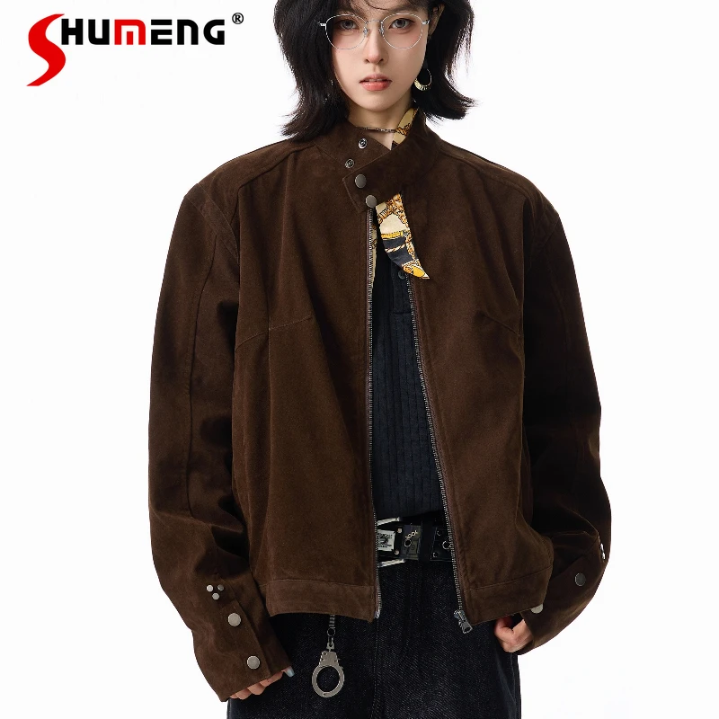 

Мужчины Женщины 2025 Осень Зима Новые Куртки Из Искусственной Кожи Топы Пальто Американский Стиль Ретро Воротник-стойка Сплошной Цвет Простые Куртки