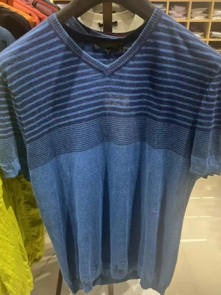 Men's ort Sve T-irt Linen Fabric TRA Brand Faion Small V-ne adient Stripe Versatile Modern Sle Sweat-ng
