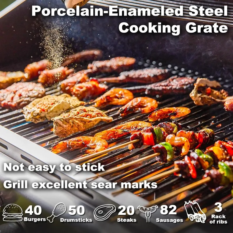 MELLCOM 6 Burner BBQ Propane Gas Grill, 58,000 BTU Stainless Steel Patio Garden Barbecue Grill with Stove and Side Table