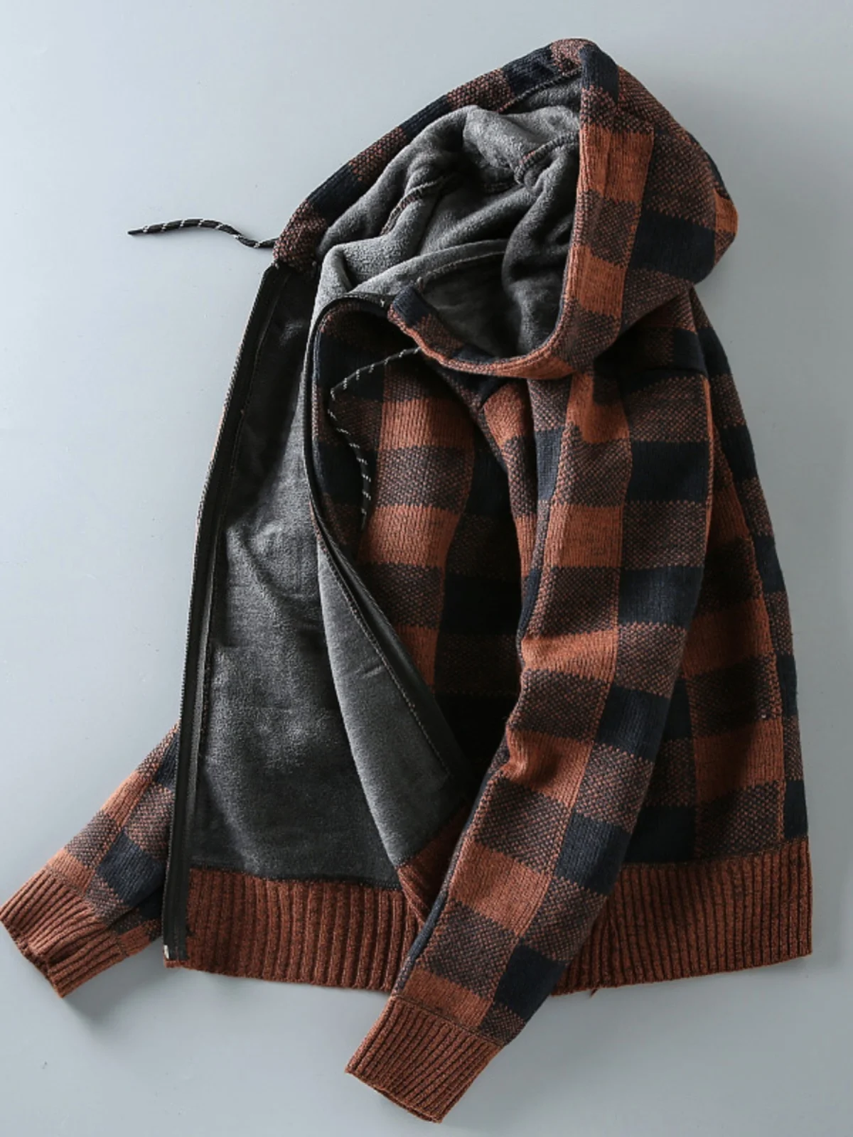 

Autumn Winter Thiened Fce Knitted Hooded Casual Plaid Open Cardigan Jaet for Men Warm Comfortable Youth Sle Long Sve
