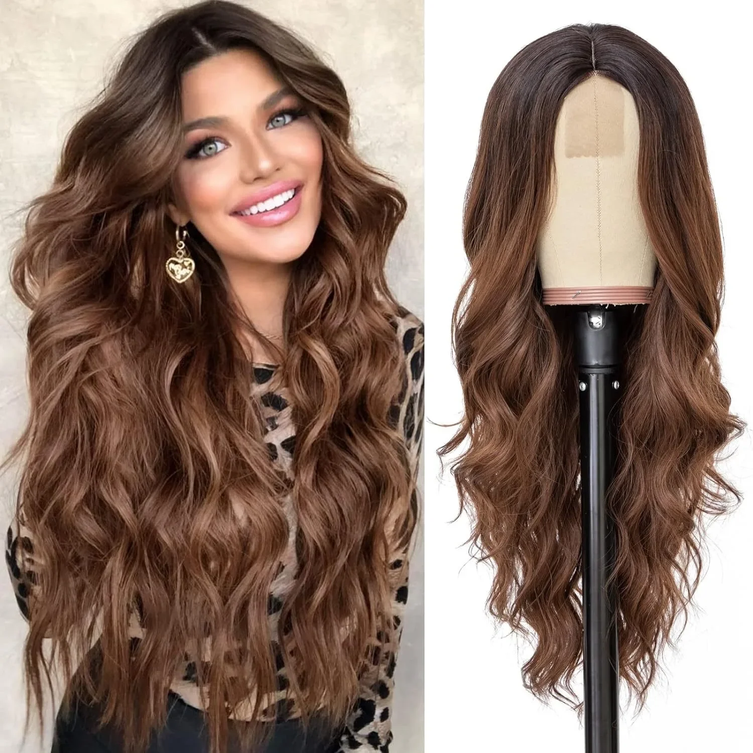 Light Brown Honey Blonde Long Synthetic Ombre Black Deep  T Part 4X1 Front Lace Water Wave Wigs Heat Resistant For Women