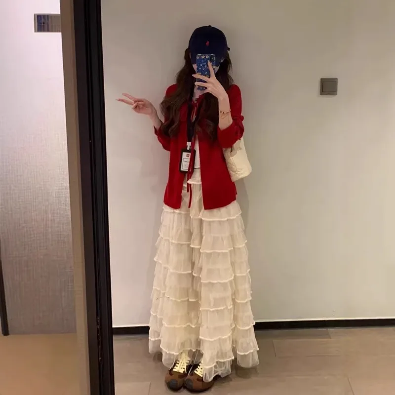 2026 New Streetwear Women's Cream Multi-Layer Ruffled Tulle Midi Skirt Elastic High Waist Tiered Mesh Sweet Lolita Cake Skirts