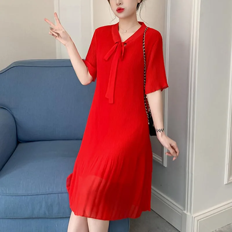 Maternity Summer Clothes Block Collar Bowknot Collar Pregnant Women Pleated Shirts Pregnnacy Chiffon Blouses Maternity Dress