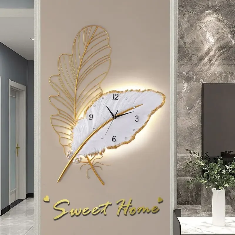 Wall Clock Home Decor Light Luxury Feather Wall Clocks Modern Design Home Living Room Decoration Digital Watches Reloj De Pared