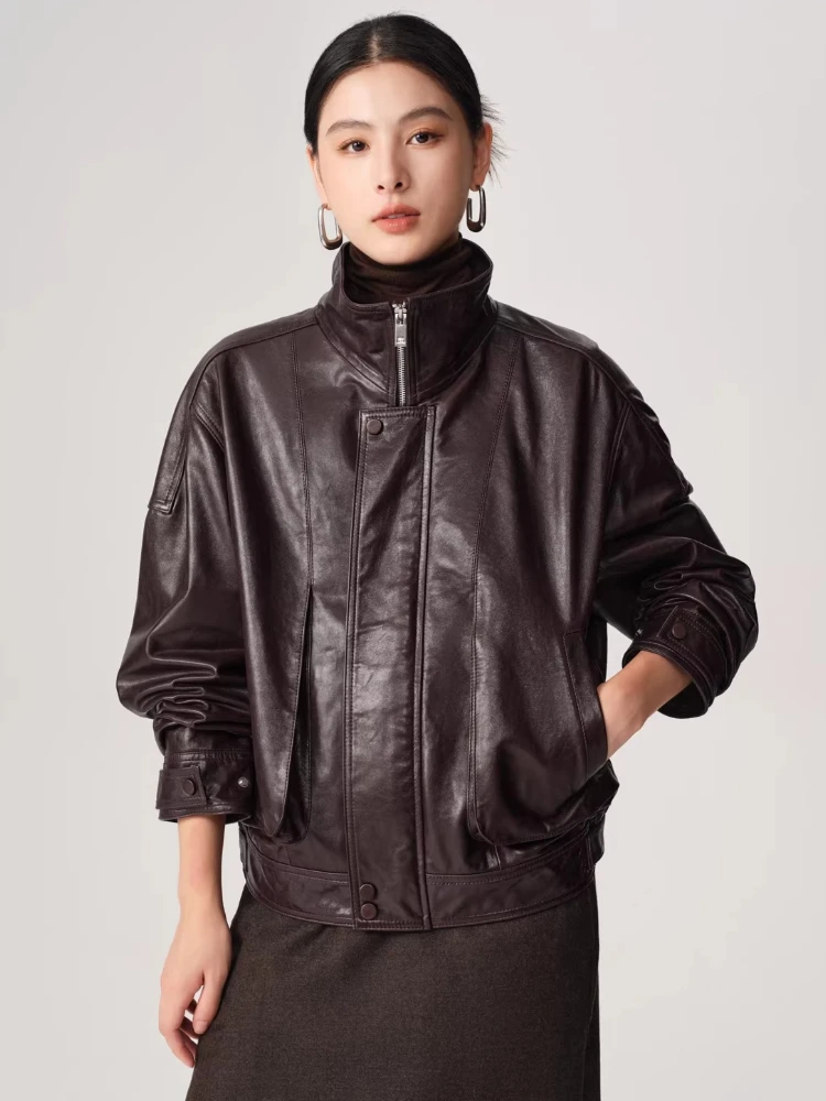 

Casual Short Genuine Leather Motorcycle Jackets for Women Spring Autumn High-end Simple Stand Collar Oil Wax Real Sheepskin Coat