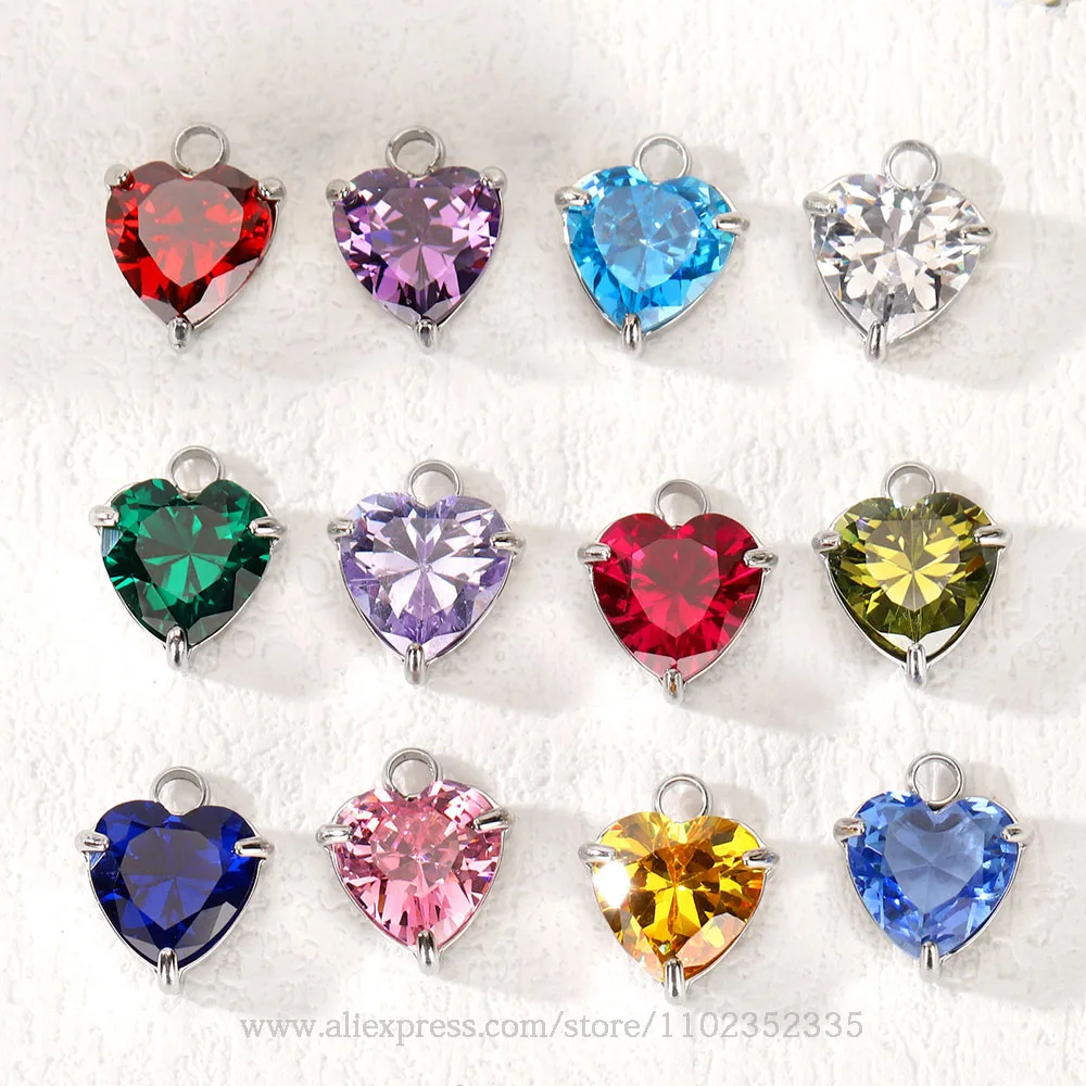 10 قطعة/الحقيبة جديد 18K الذهب الفولاذ المقاوم للصدأ ديسمبر عيد ميلاد حجر على شكل قلب جوهرة الميلاد قلادة من حجر الزركون DIY بها بنفسك مجوهرات اكسسوارات