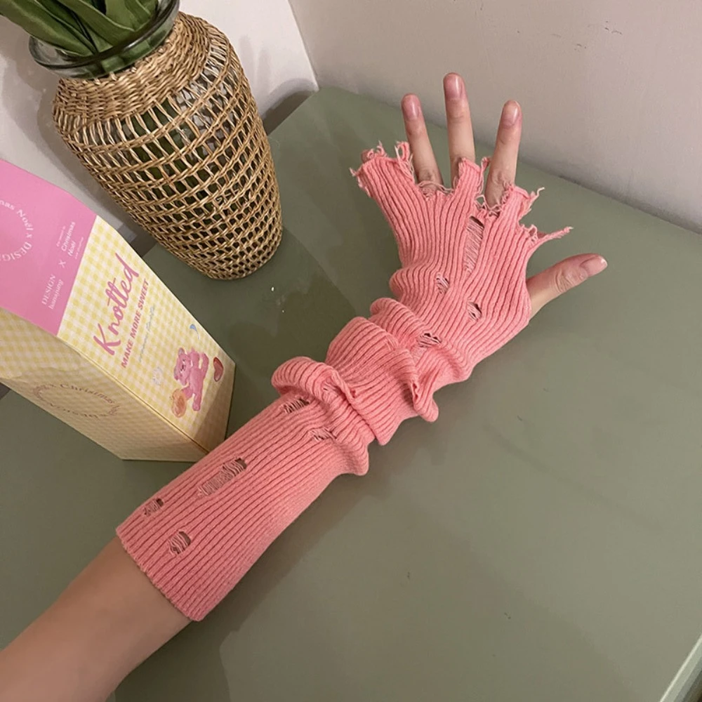 

Streetwear Elastic Subculture Gloves Wrist Cuffs Punk Y2K Fingerless Oversleeve Colorful Hollow out Ripped Knitted Sleeves JK