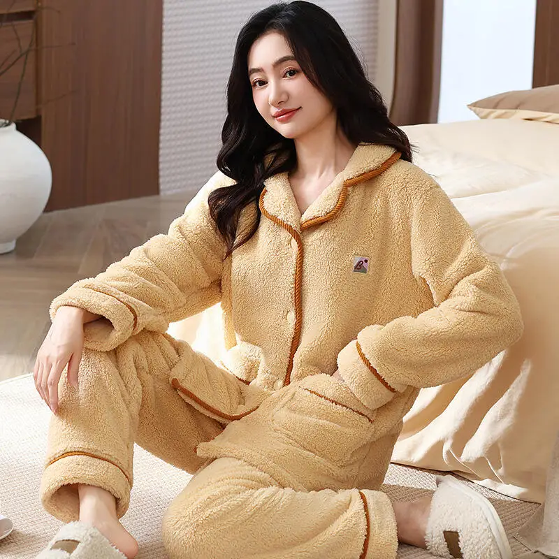 

Autumn Winter Coral Fleece Sleepwear Girl's Pajamas Homewear Loungewear Thickened Women's Loose Flannel Homewear Two-Piece Set