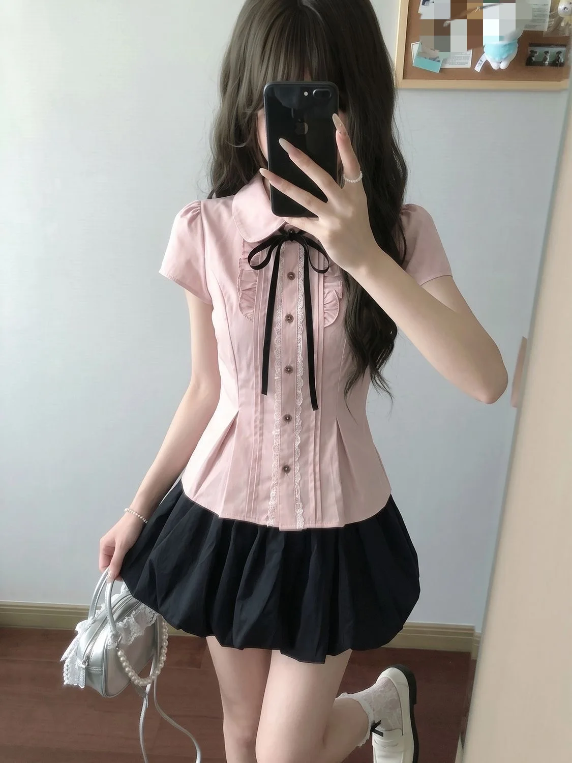 Kimotimo Women Shirt Preppy Style Bow Bandage Lapel Short Sleeve Ruffle Tops Sweet Kawaii Slim Folds Waist Y2k Aesthetic Blouse
