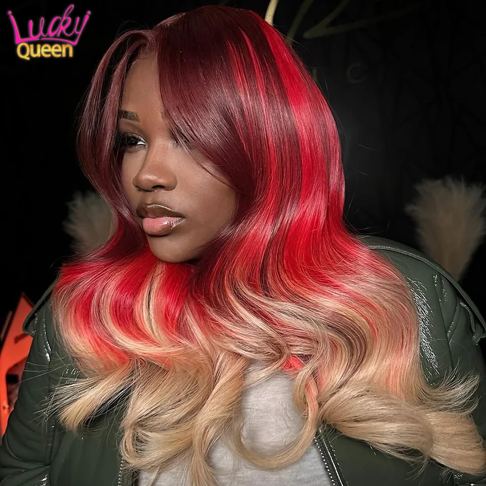 Ombre Red Blonde 13X4 13x6 613 Kolorowe peruki 180Density Ludzkie włosy wstępnie oskubane dla kobiet Przezroczysta koronka z przodu 13X4 Body Wave