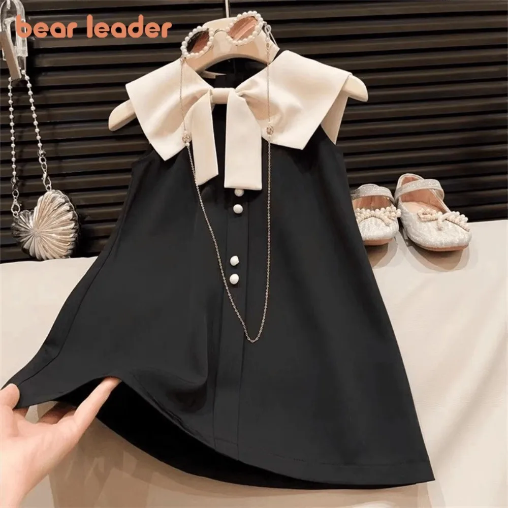 Bear Leader Girls Bow Decoration Cowl Neck Sleeveless Dresses Summer Plain Kids Clothes Korean Version Casual Wear 2 To 7 Years