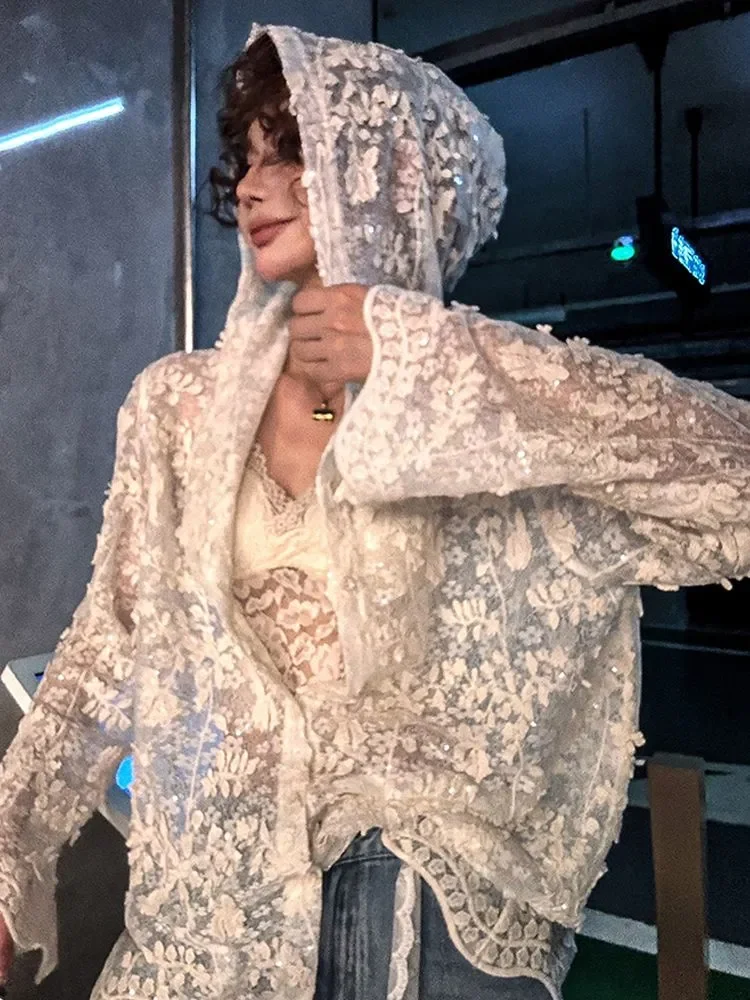 

Europe America Y2k Sexy White Long-sleeved Short Lace Shirt Crop Top Female Summer Lazy Loose Chic Smock Shawl Mesh Blouse Goth