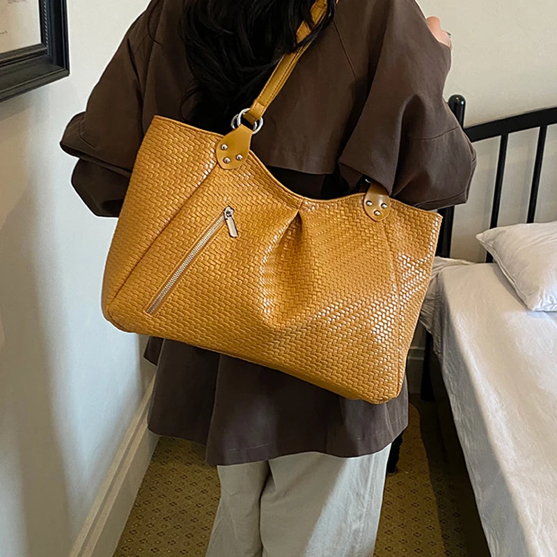 Koreanische Schultertasche mit seitlichem Reißverschluss, Vintage Casual Handtasche für Damen, minimalistische, schicke, einfarbige Rattan-Webtasche, Einkaufstasche – Detail 16