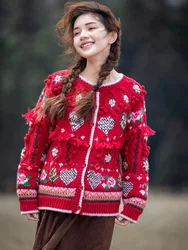 102cm Bust Autumn Winter Women Christmas Fair Isle Icelandic Handknit Vintage Handmade Thick Warm 100% Wool Sweater Cardigans