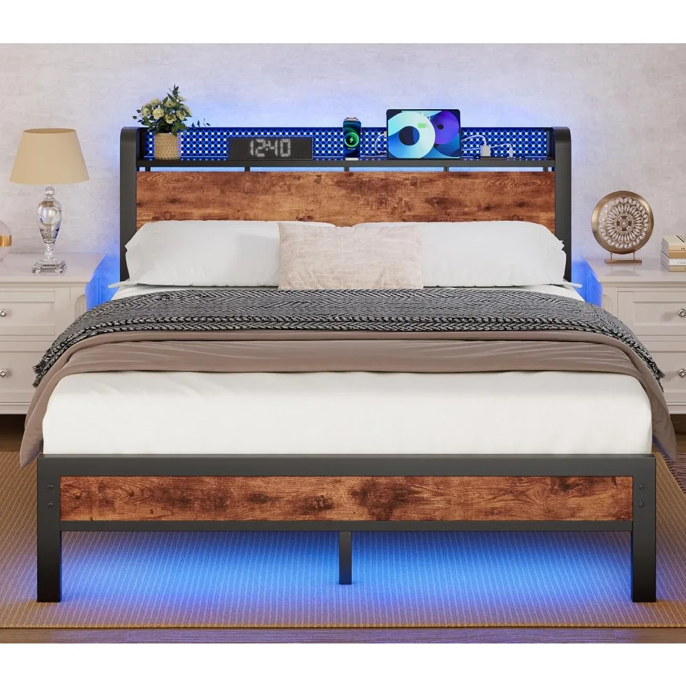 

Queen Bed Frame with Charging Station,Industrial Platform Beds with Storage Headboard,RGB LED Lights and USB Port,Rustic