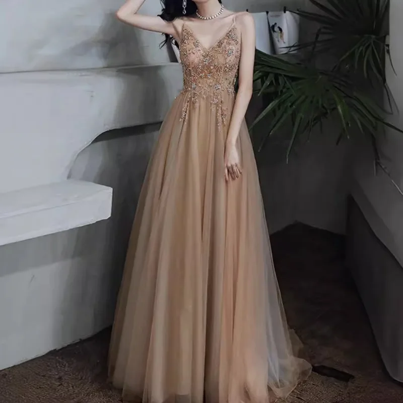 

Heavy Industry Nail Bead Strap Evening Dress 2025 New Style Annual Meeting Birthday Party Fairy Style Long Style Banquet Dress
