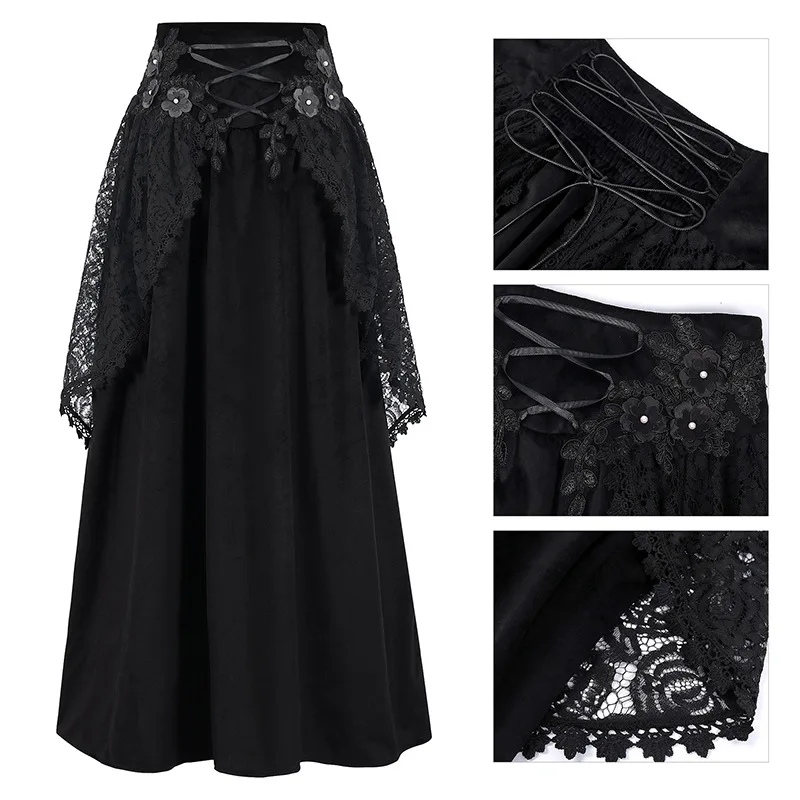 Falda asimétrica de encaje con volantes negros de Lolita gótica Vintage para mujer, falda de fiesta Medieval Steampunk de cintura alta, disfraces