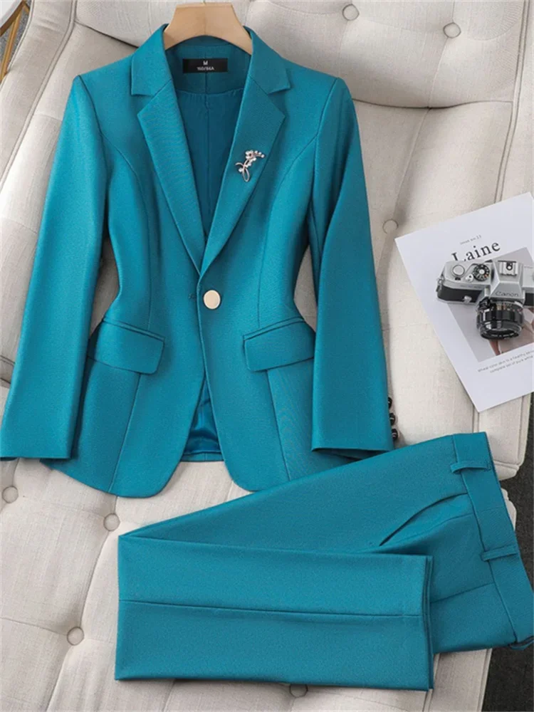 

Slim 2 Piece Sets Office Wear Women Fashion Turn Down Collar Single Button Blazers Casual Pencil Pant Suits JJ1077