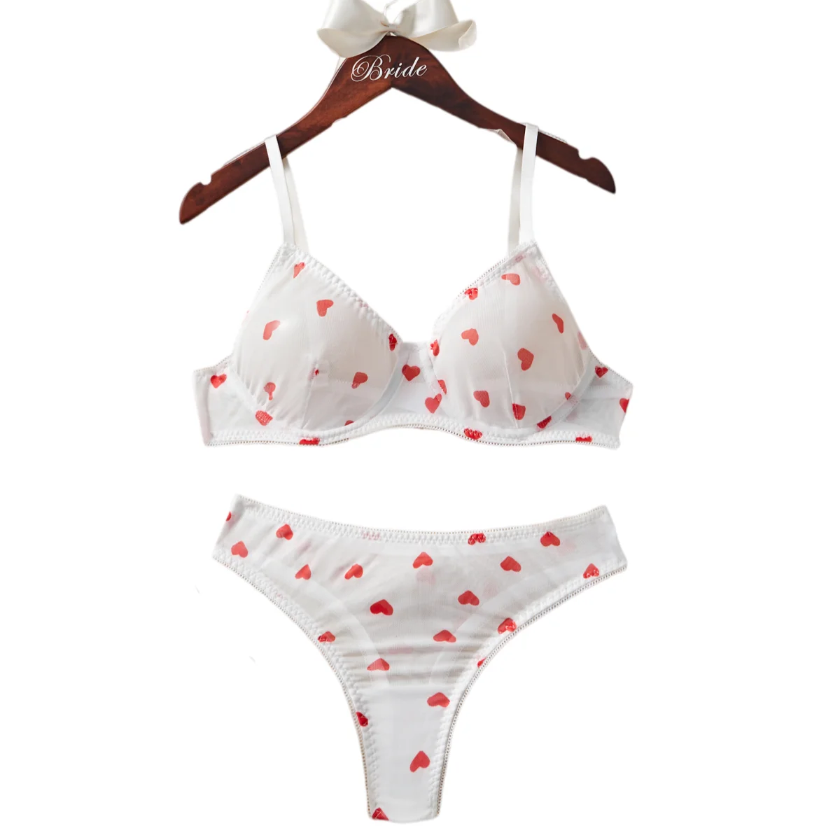 White Red Heart Polka Dots Lace Bra Set for Women Mesh Underwear Two-Piece Soft Breathable 2026 New