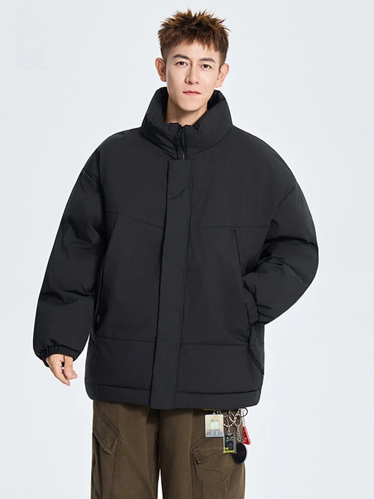 

New 2024 Men's Stand Collar Cotton Jaet Winter Windproof Warmth Casual Youth Polyester Fiber Thiened Zipper Pure Color