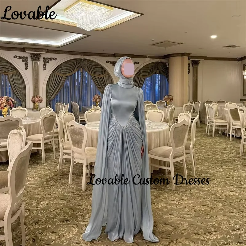 Personalizza abito da sera colonna blu cielo maniche lunghe scollo rotondo abito da cerimonia nuziale lunghezza pavimento perline cerniera formale