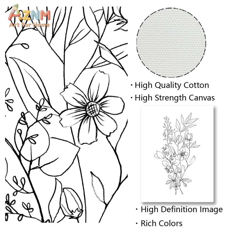 AZNM Minimalist Black Line Floral Canvas Wall Art Sketch Wildflower Rose Bouquet Simple Neutral Botanical Unframed Canvas Home D