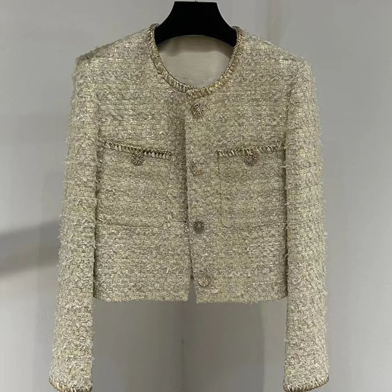 

New Round Neck Sequined Small Fragrance Short Coat Female Luxury Shiny Gold Fashion Joker Korea Chic French Tweed Coat Women