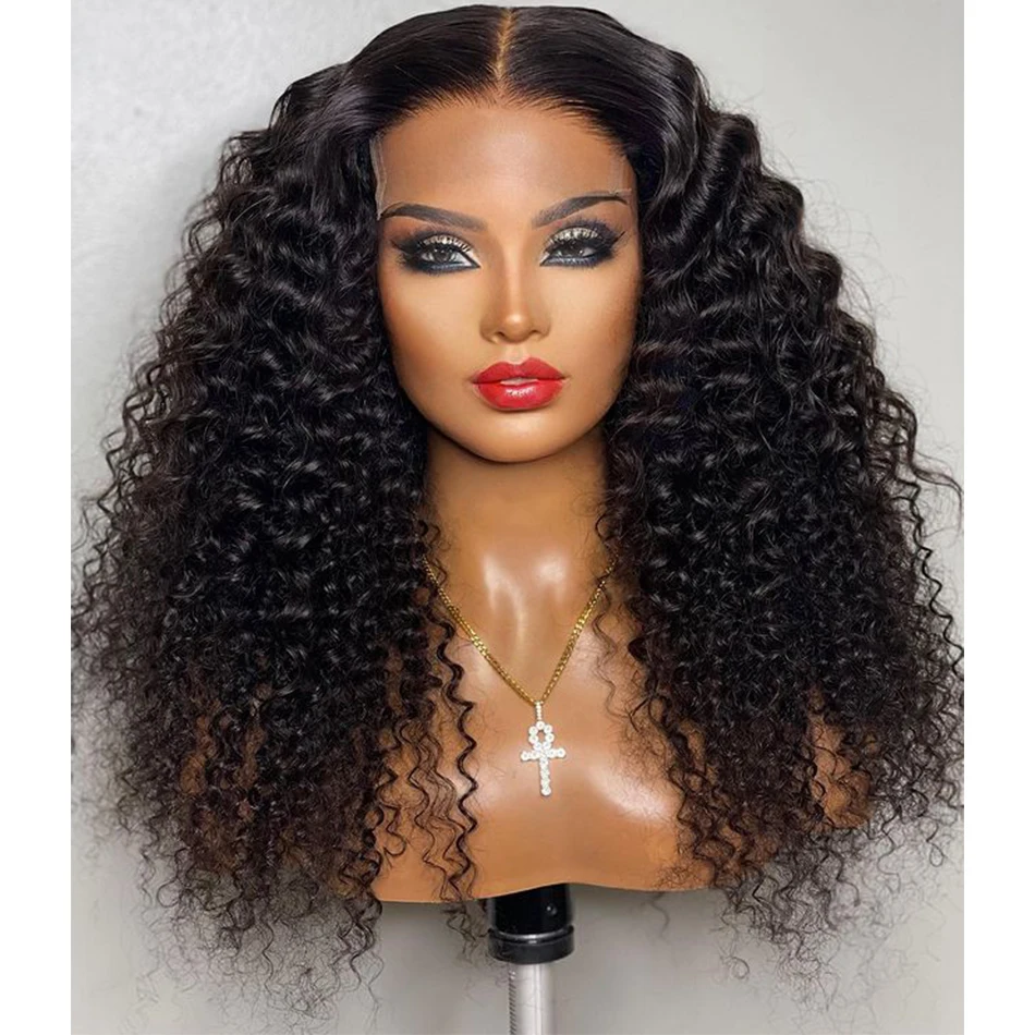 

Natural Black 26Inch Long 180Density Kinky Curly Lace Front Wig For Women BabyHair Heat Resistant Preplucked Glueless Synthetic