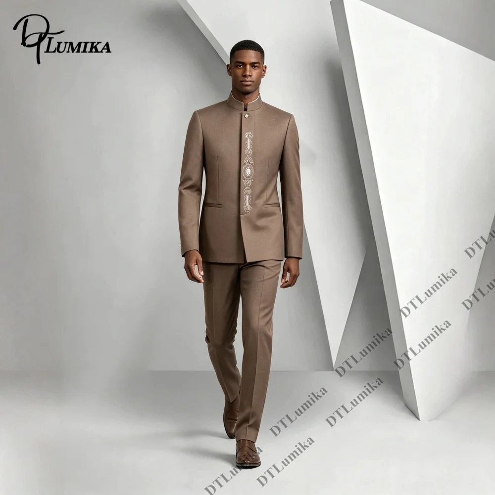 Vintage Men's 2 Piece Suit Set Mandarin Collar Vertical Embroidery Blazer Trousers Luxury Formal Suit Wedding Prom Party Tuxedo