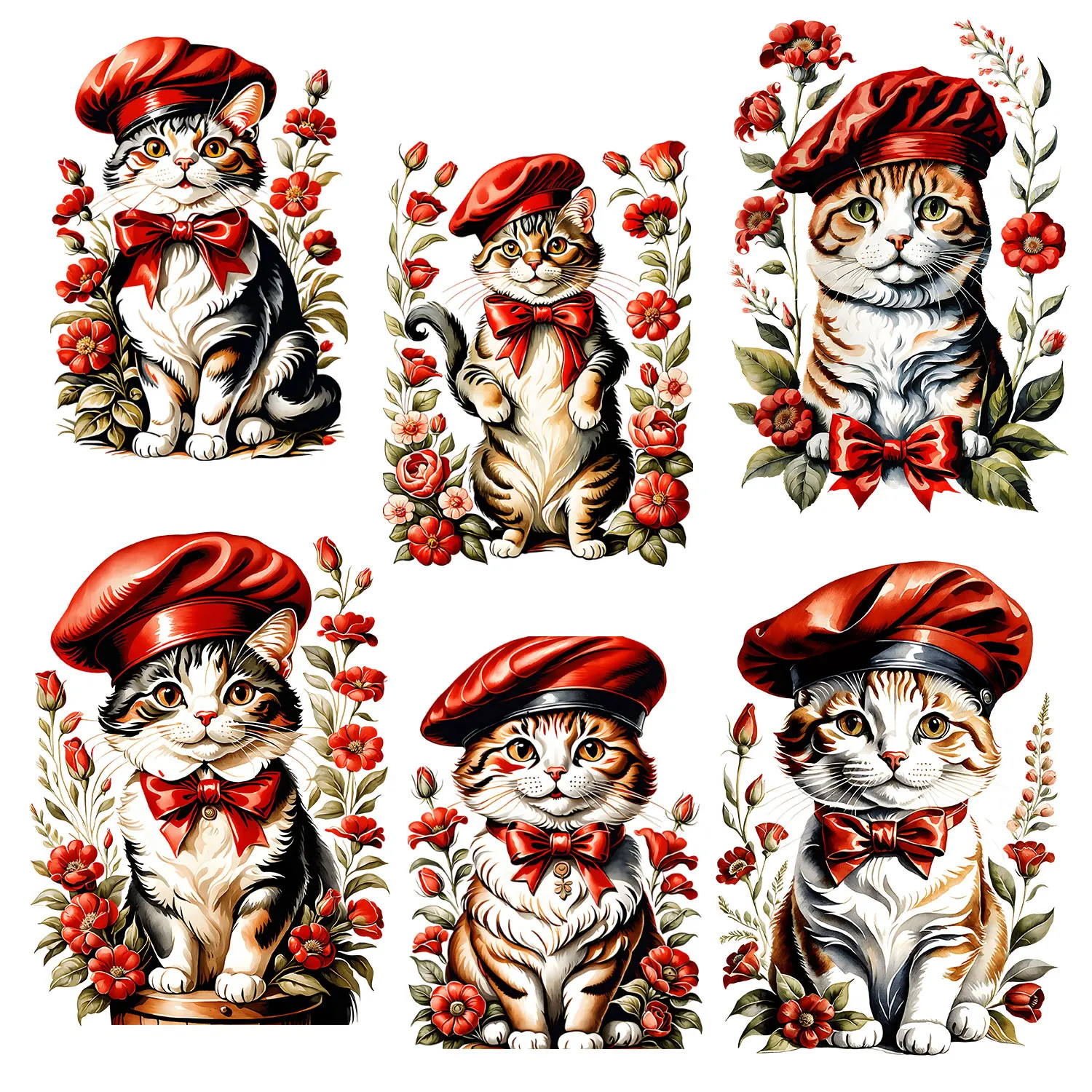 Retro Elegance Cute Cat Red Flower Iron on Transfer Patches for Clothes Strong color fastness Vibrant DIY Decoration