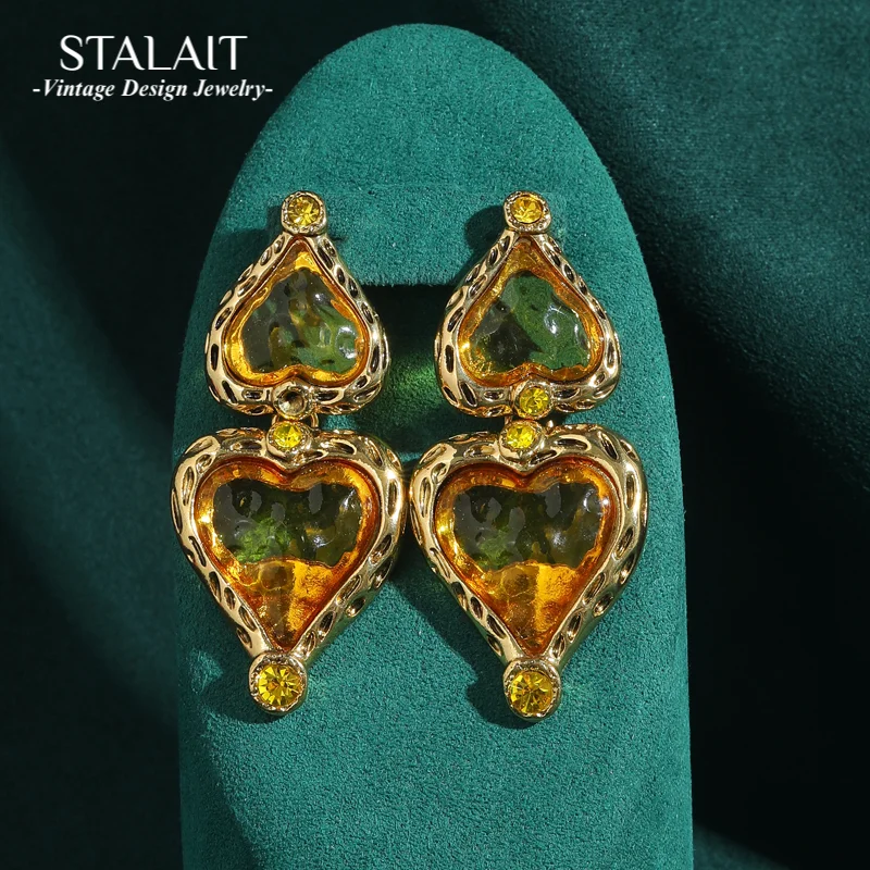

Vintage Jewellery Gold Color Yellow Nature Glass Heart Earrings Designer Drop Dangle Gothic Accessories For Woman Luxury 2025
